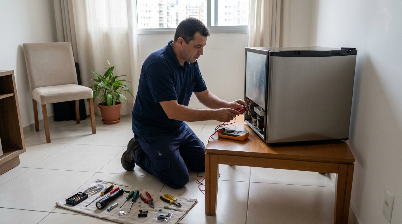 Técnico fazendo manutenção do motor de frigobar em Montes Claros‑MG
