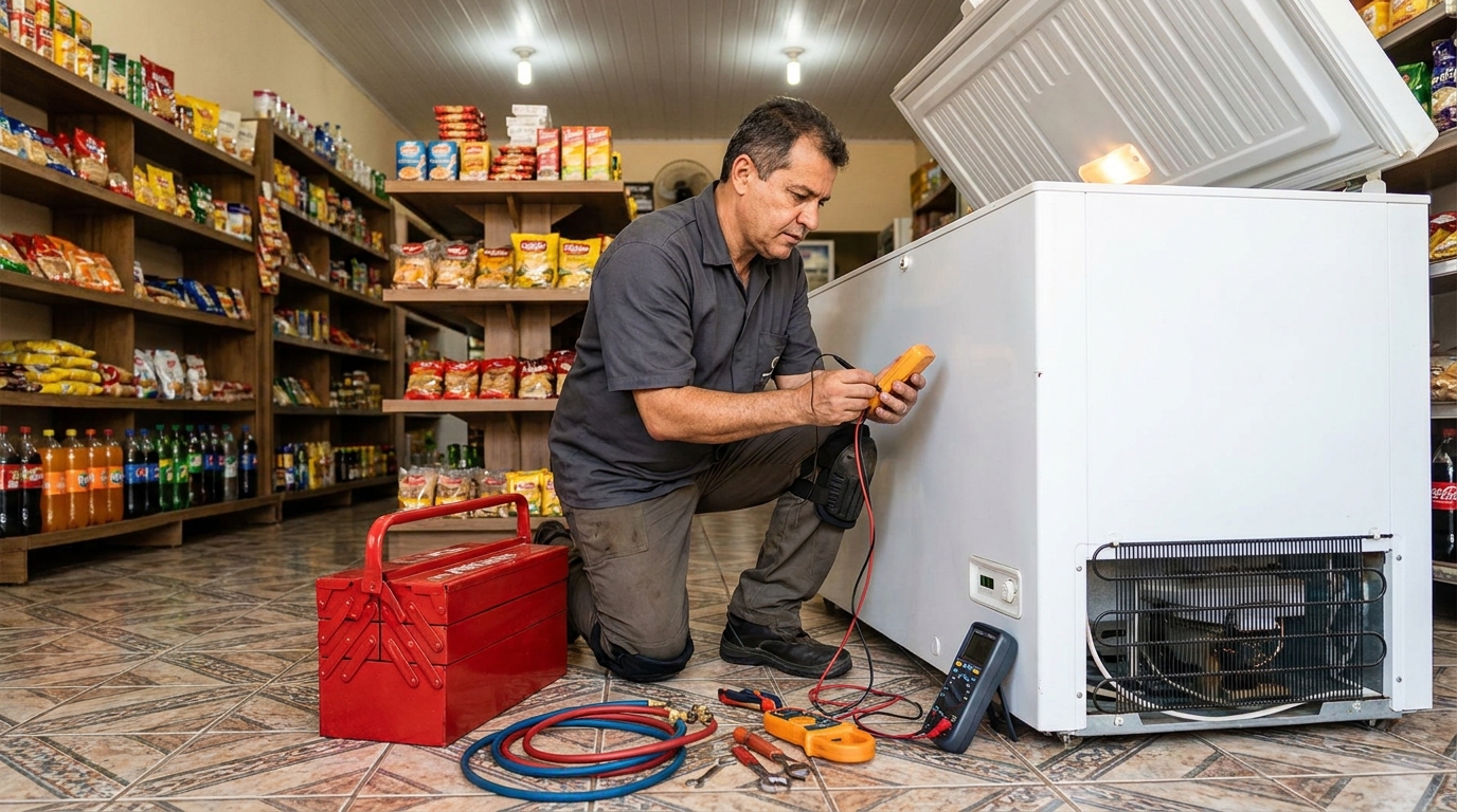 Recarga de gás refrigerante no freezer durante atendimento em Montes Claros‑MG